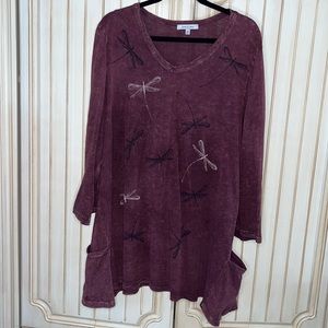 Burgundy Dragonfly Boho Swing Shirt with Pockets (XL)